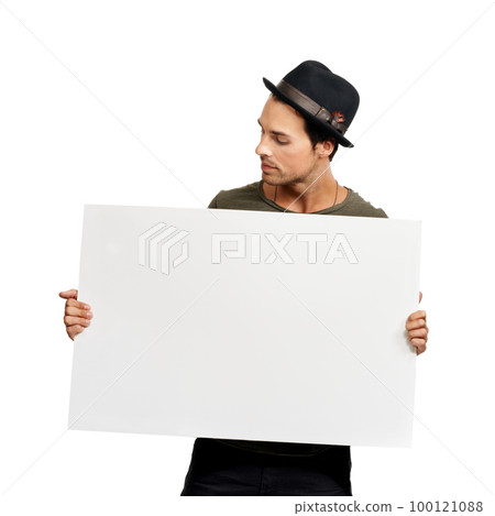 This offer looks good. A handsome young man holding a placard. This offer looks good. A handsome young man holding a placard. 100121088