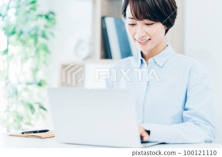 Middle woman teleworking in the living room Middle woman teleworking in the living room 100121110