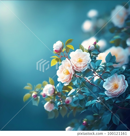 Blooming rose bush. Natural floral spring background. Spring floral wallpaper. Soft selective focus on rose blossoms Blooming rose bush. Natural floral spring background. Spring floral wallpaper. Soft selective focus on rose blossoms 100121161