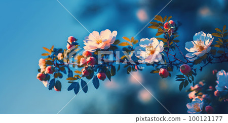 Blooming rose bush. Natural floral spring background. Spring floral wallpaper. Soft selective focus on rose blossoms 100121177