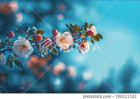 Blooming rose bush. Natural floral spring background. Spring floral wallpaper. Soft selective focus on rose blossoms Blooming rose bush. Natural floral spring background. Spring floral wallpaper. Soft selective focus on rose blossoms 100121181