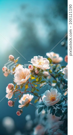 Blooming rose bush. Natural floral spring background. Spring floral wallpaper. Soft selective focus on rose blossoms 100121190