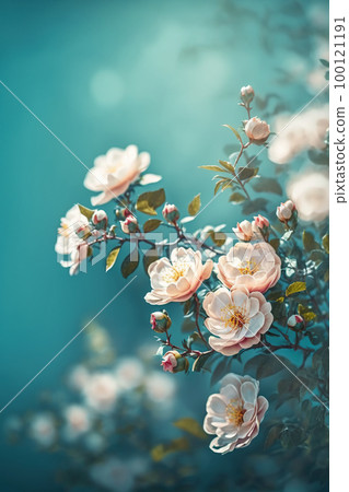 Blooming rose bush. Natural floral spring background. Spring floral wallpaper. Soft selective focus on rose blossoms Blooming rose bush. Natural floral spring background. Spring floral wallpaper. Soft selective focus on rose blossoms 100121191