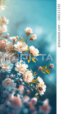 Blooming rose bush. Natural floral spring background. Spring floral wallpaper. Soft selective focus on rose blossoms Blooming rose bush. Natural floral spring background. Spring floral wallpaper. Soft selective focus on rose blossoms 100121192