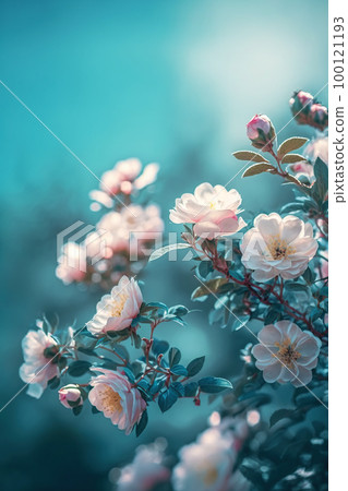Blooming rose bush. Natural floral spring background. Spring floral wallpaper. Soft selective focus on rose blossoms Blooming rose bush. Natural floral spring background. Spring floral wallpaper. Soft selective focus on rose blossoms 100121193