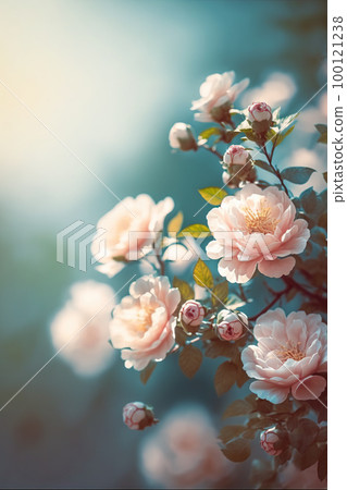 Blooming rose bush. Natural floral spring background. Spring floral wallpaper. Soft selective focus on rose blossoms 100121238