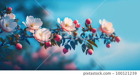 Blooming rose bush. Natural floral spring background. Spring floral wallpaper. Soft selective focus on rose blossoms 100121239