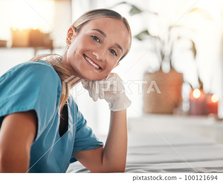 Portrait, massage and wellness with a woman in a spa to relax for alternative therapy or mental health. Luxury, beauty and salon with a female therapist in a orthopedic center for rest or relaxation 100121694