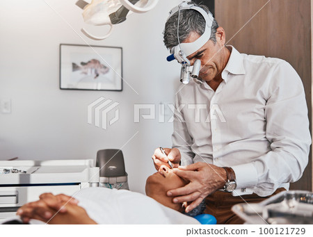 Eye surgery, vision repair and doctor working on healthcare, wellness and eyes procedure. Hospital, clinic and medicare worker with a woman patient and medical cut for optometrist operation 100121729
