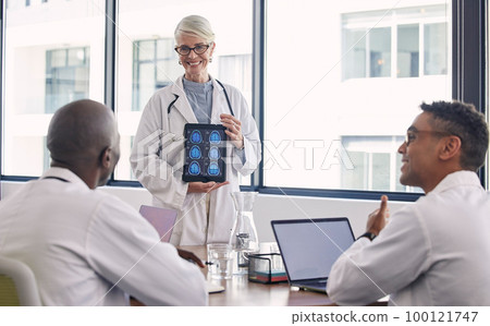 Brain, healthcare meeting and doctors presentation in neurology research, results and hospital solution. Medical professional, tablet screen and xray of woman and stakeholder people ideas or planning 100121747