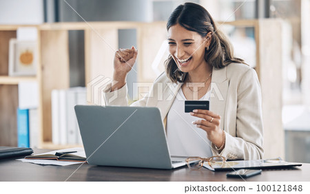 Finance, credit card and success with woman and laptop in office for savings, investment or online shopping sale. Winner, fintech and ecommerce with customer and website for deal, payment or offer Finance, credit card and success with woman and laptop in office for savings, investment or online shopping sale. Winner, fintech and ecommerce with customer and website for deal, payment or offer 100121848