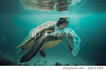 Turtle with plastic bag underwater Turtle with plastic bag underwater 100121903