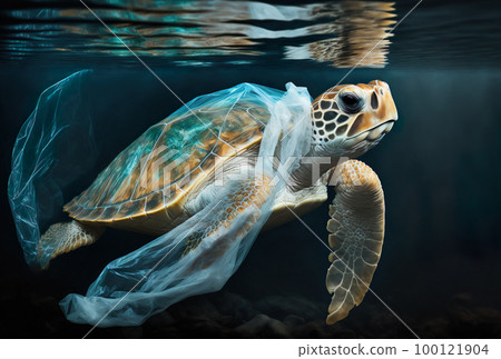 Sea turtle trapped in a plastic bag Sea turtle trapped in a plastic bag 100121904