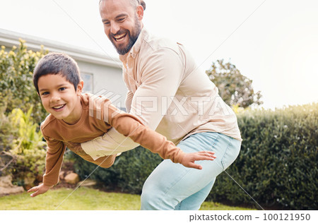Carefree, flying and portrait of a father with a child in a garden for freedom, play and bonding. Happy, laughing and dad holding a boy kid to fly while playing in the backyard of a house together Carefree, flying and portrait of a father with a child in a garden for freedom, play and bonding. Happy, laughing and dad holding a boy kid to fly while playing in the backyard of a house together 100121950