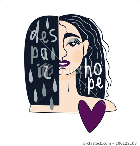 Young girl with changing mood from despair to hope with opened heart. Vector isolated illustration with lettering. 100122108