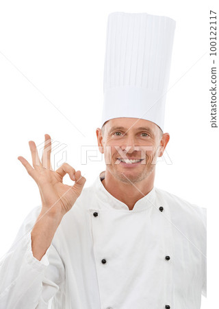 Man, chef and OK hand sign with smile for perfection, approval or precision isolated on a white studio background. Portrait of happy culinary artist showing gesture for perfect, precise or like emoji 100122117