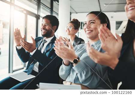 Applause, seminar and business people in meeting, conference or workshop in office. Celebration, group teamwork or crowd of employees clapping for presentation, goals or company targets at convention 100122160
