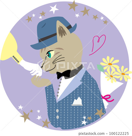 Round vector illustration of a tabby cat kissing the back of his hand on a date under the starry sky Purple 100122225