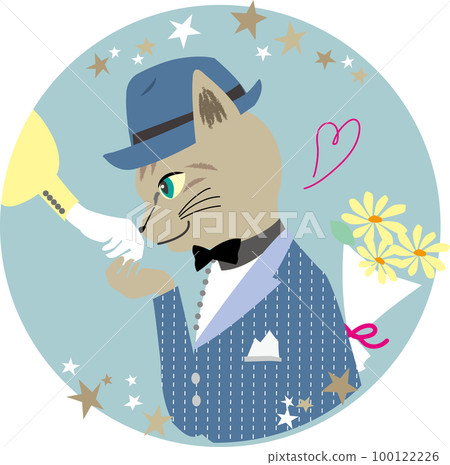 Round vector illustration light blue of a tabby cat kissing the back of his hand on a date under the starry sky 100122226