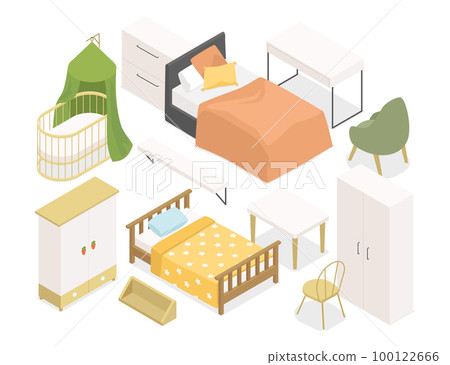 Children bedroom furniture - modern vector colorful isometric illustrations set 100122666