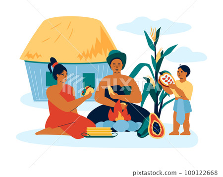 Family eat by the fire - modern colored vector illustration 100122668