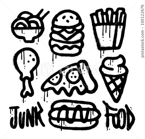 Set of junk food elements in urban graffiti style. Noodle, burger, french fries, pizza, ice cream, hot dog and chicken leg. Spray textured vector illustration for t-shirts, banners Set of junk food elements in urban graffiti style. Noodle, burger, french fries, pizza, ice cream, hot dog and chicken leg. Spray textured vector illustration for t-shirts, banners 100122676