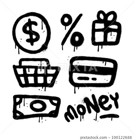 Sprayed painting money symbol set in urban graffiti style. Textured hand drawn typography illustration. All elements are isolated. Sprayed painting money symbol set in urban graffiti style. Textured hand drawn typography illustration. All elements are isolated. 100122688