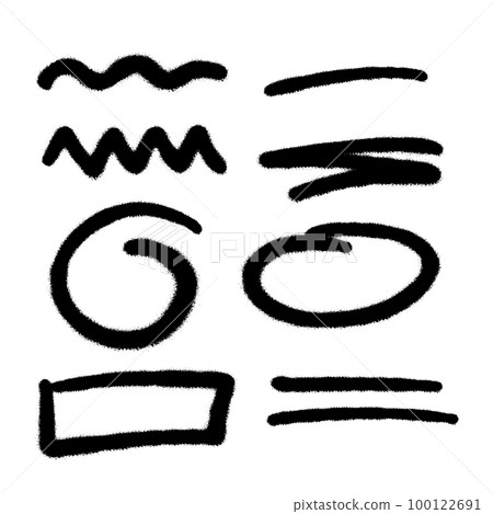 Set of grunge ink sprayed strokes - waves, line, zigzag, circle decoration lines. Urban graffiti abstrct elements collection. Spray Textured Vector isolated shapes. Set of grunge ink sprayed strokes - waves, line, zigzag, circle decoration lines. Urban graffiti abstrct elements collection. Spray Textured Vector isolated shapes. 100122691