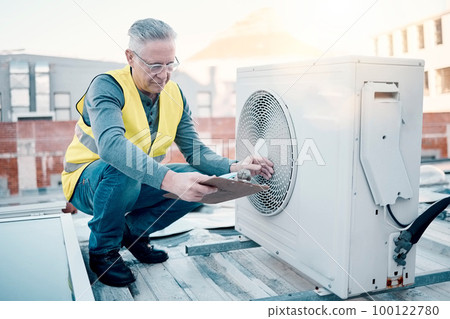 Engineer on rooftop, air conditioning and technician with clipboard, maintenance or repair machine. Male, worker or handyman with document, checklist or confirm working fan hvac for quality assurance Engineer on rooftop, air conditioning and technician with clipboard, maintenance or repair machine. Male, worker or handyman with document, checklist or confirm working fan hvac for quality assurance 100122780