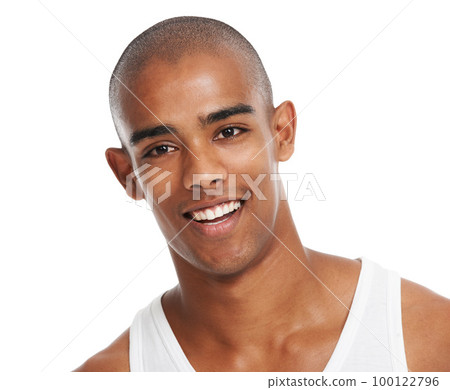 Black man, smile and studio for skincare, face health and cosmetic wellness by white background. Young model man, happy and glow on facial skin, aesthetic and healthy self care cosmetic by backdrop 100122796