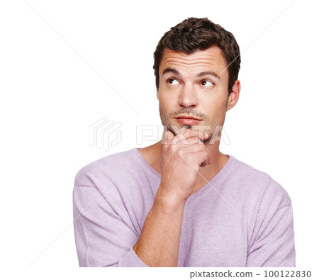 Man, thinking and face with idea at mockup space for advertising, motivation and inspiration in studio. Male model isolated on a white background to think product placement ideas with hand on chin Man, thinking and face with idea at mockup space for advertising, motivation and inspiration in studio. Male model isolated on a white background to think product placement ideas with hand on chin 100122830