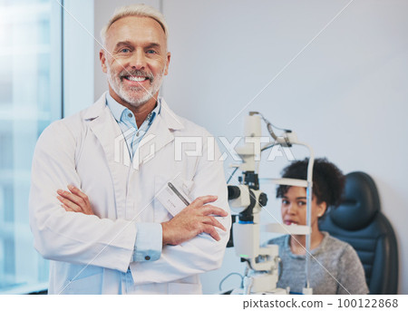 Portrait, man and smile of optometrist with arms crossed in hospital or medical clinic for eye care. Healthcare, vision or happy, confident or proud senior male ophthalmologist or doctor with patient 100122868