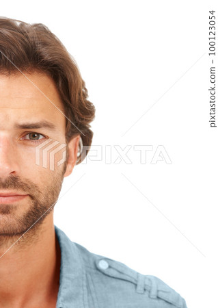 Half face, portrait and man in a studio with mockup space for marketing or advertisement. Natural, young and handsome male model isolated by a white background with mock up for product placement. Half face, portrait and man in a studio with mockup space for marketing or advertisement. Natural, young and handsome male model isolated by a white background with mock up for product placement. 100123054