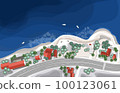 Coastline with road and houses on a bright winter day from top. Vector illustration 100123061