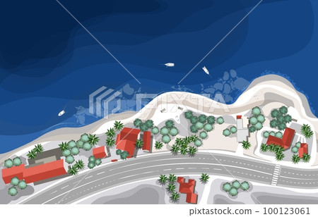 Coastline with road and houses on a bright winter day from top. Vector illustration 100123061