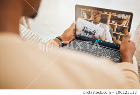 Depression, laptop screen and video call, mental health and people in virtual counseling consultation, doctor and patient. Psychologist with ink blot test, stress and trauma, support and trust 100123118