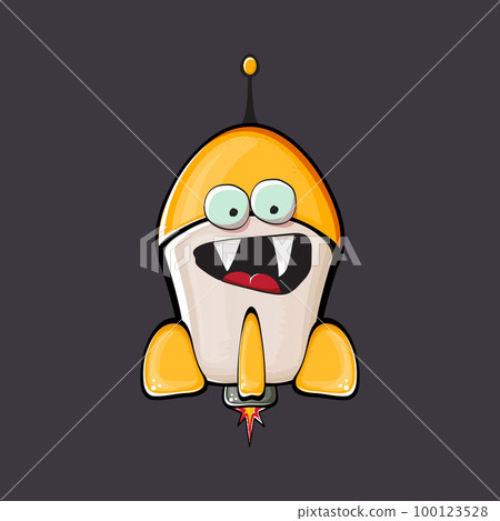 Rocket spaceship character. Cartoon space rocket isolated on space background. Funky spaceship and shuttle character with eyes and mouth. Vector retro space ship clip art, emoji, label and sticker 100123528