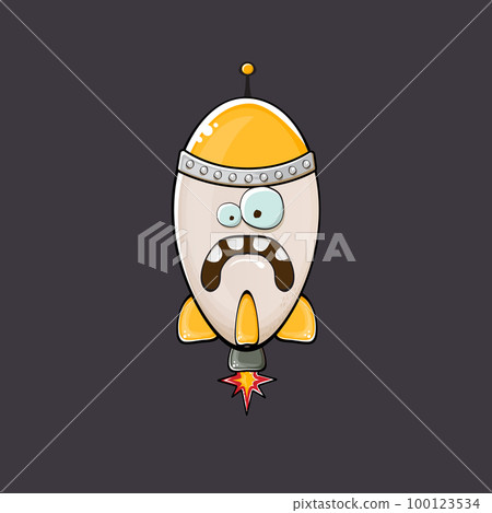 Rocket spaceship character. Cartoon space rocket isolated on space background. Funky spaceship and shuttle character with eyes and mouth. Vector retro space ship clip art, emoji, label and sticker 100123534