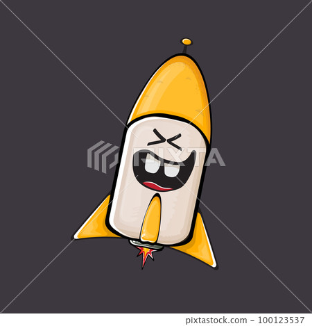Rocket spaceship character. Cartoon space rocket isolated on space background. Funky spaceship and shuttle character with eyes and mouth. Vector retro space ship clip art, emoji, label and sticker 100123537