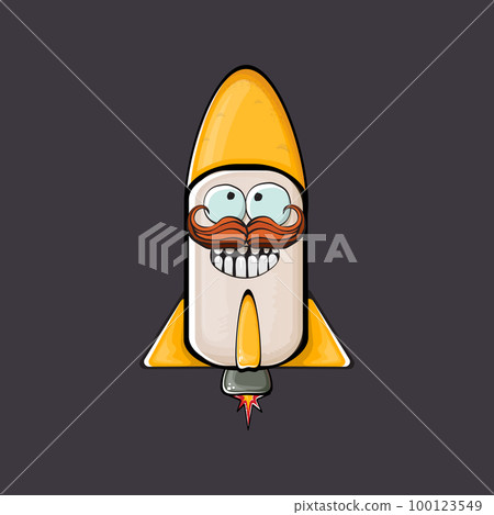Rocket spaceship character. Cartoon space rocket isolated on space background. Funky spaceship and shuttle character with eyes and mouth. Vector retro space ship clip art, emoji, label and sticker 100123549