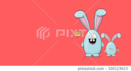 Cartoon funny cartoon blue easter bunny holding carrots isolated on pink horizontal banner background. Easter hand drawn blue cute rabbit sticker or label Cartoon funny cartoon blue easter bunny holding carrots isolated on pink horizontal banner background. Easter hand drawn blue cute rabbit sticker or label 100123623