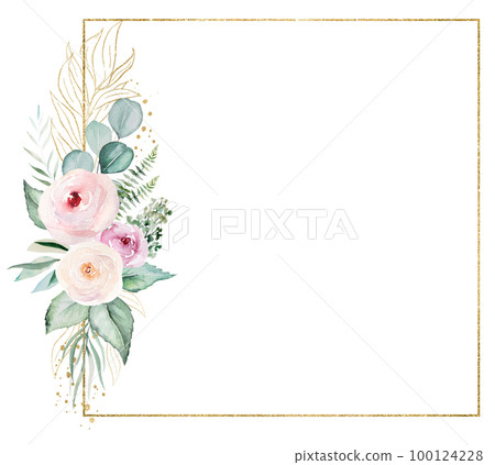 Square Frame with pink watercolor flowers and light green leaves, wedding illustration 100124228