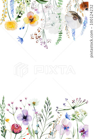 Border made of watercolor wild flowers and leaves, summer wedding and greeting illustration 100124232