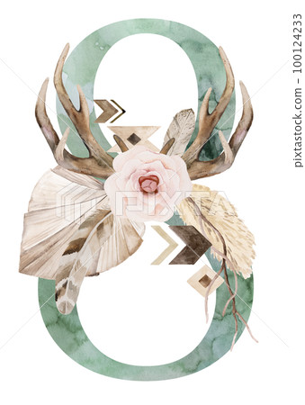 Watercolor green number 8 with antlers, dried leaves and tropical flowers bouquet, Boho illustration Watercolor green number 8 with antlers, dried leaves and tropical flowers bouquet, Boho illustration 100124233