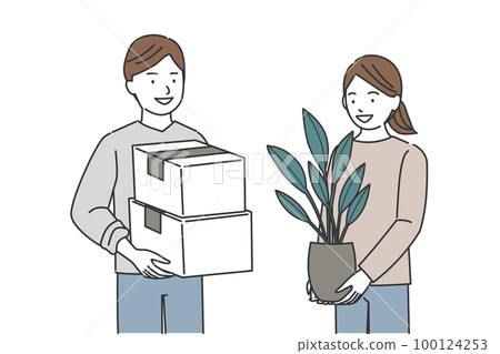 A man with a cardboard box and a woman with a houseplant, moving image A man with a cardboard box and a woman with a houseplant, moving image 100124253