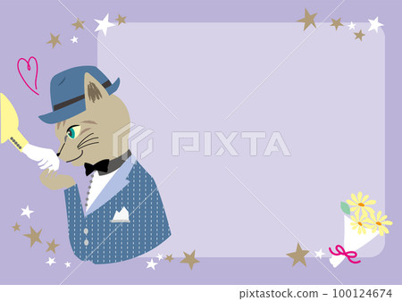 Vector illustration template of a tabby cat kissing the back of his hand on a date under the starry sky Purple 100124674