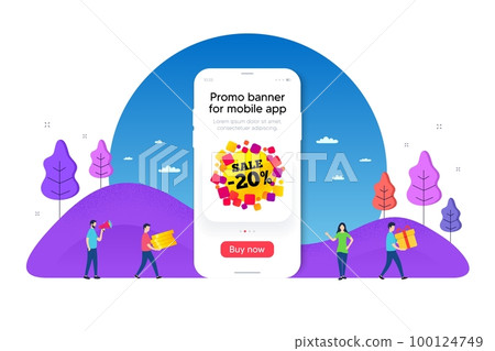 Sale 20 percent off banner. Phone ui interface banner. Discount sticker shape. Coupon bubble icon. Mobile smartphone promo banner. Sale 20 percent tag. Man with gift box. Vector Sale 20 percent off banner. Phone ui interface banner. Discount sticker shape. Coupon bubble icon. Mobile smartphone promo banner. Sale 20 percent tag. Man with gift box. Vector 100124749