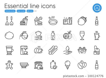 Frying pan, Cappuccino and Coffee maker line icons. Collection of Gingerbread man, Food, Orange icons. Beer, Beer glass, Coffee beans web elements. Refill water, Cooking cutlery, Acorn. Vector Frying pan, Cappuccino and Coffee maker line icons. Collection of Gingerbread man, Food, Orange icons. Beer, Beer glass, Coffee beans web elements. Refill water, Cooking cutlery, Acorn. Vector 100124776