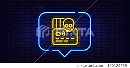 Neon light speech bubble. Cyber attack line icon. Ransomware threat sign. Credit card phishing symbol. Neon light background. Cyber attack glow line. Brick wall banner. Vector 100124789