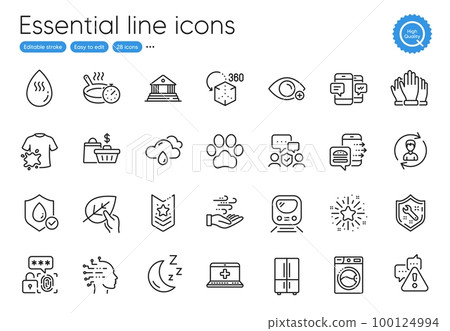 Biometric security, Frying pan and Moon line icons. Collection of Rainy weather, Metro, Vote icons. Wind energy, Security agency, Waterproof web elements. Dog paw, Washing machine. Vector 100124994
